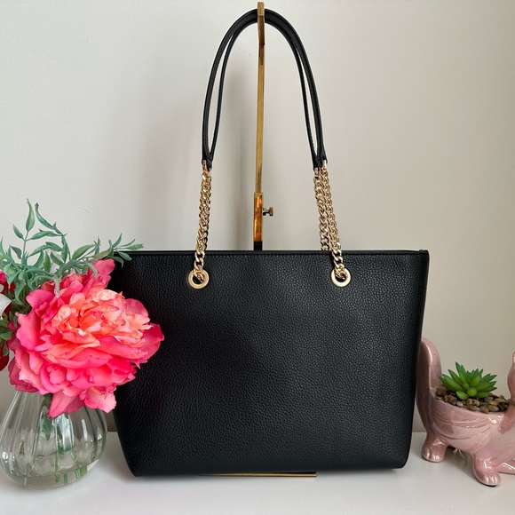 Michael Kors Jet Set Medium Leather Front Zip Chain Tote Black - Picture 2 of 7